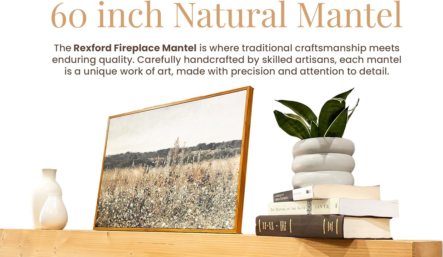 REXFORD Fireplace Mantel - USA Made Real Wood - Handcrafted Farmhouse Wall Mounted for Over Fireplace Floating Shelf Mantle (Natural, 60X8X5 Inch Mantel)