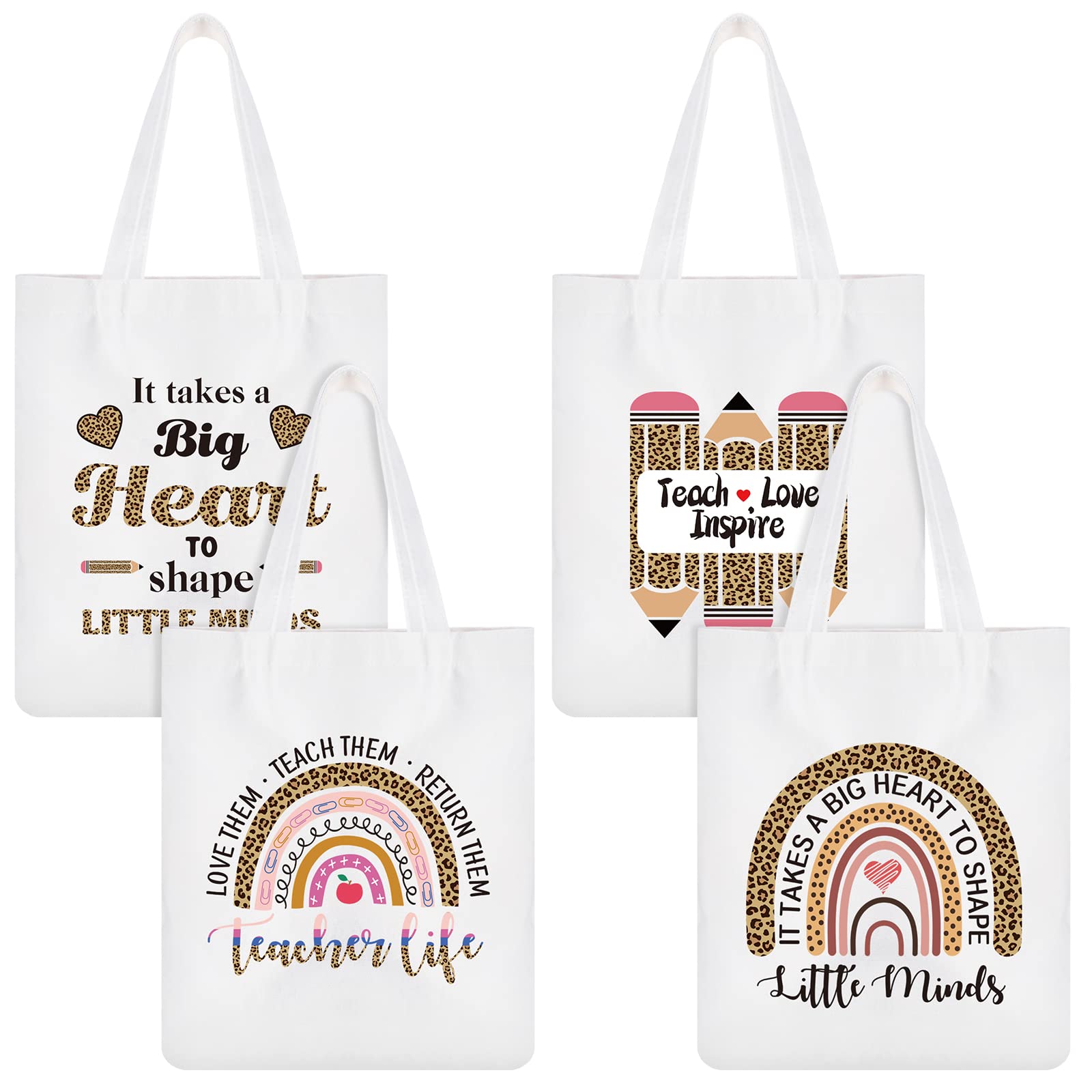 Mixweer 4 Pcs Teacher Appreciation Gifts Bags Teacher Canvas Tote Bags for Women Christmas School Supply(Leopard Print Style)