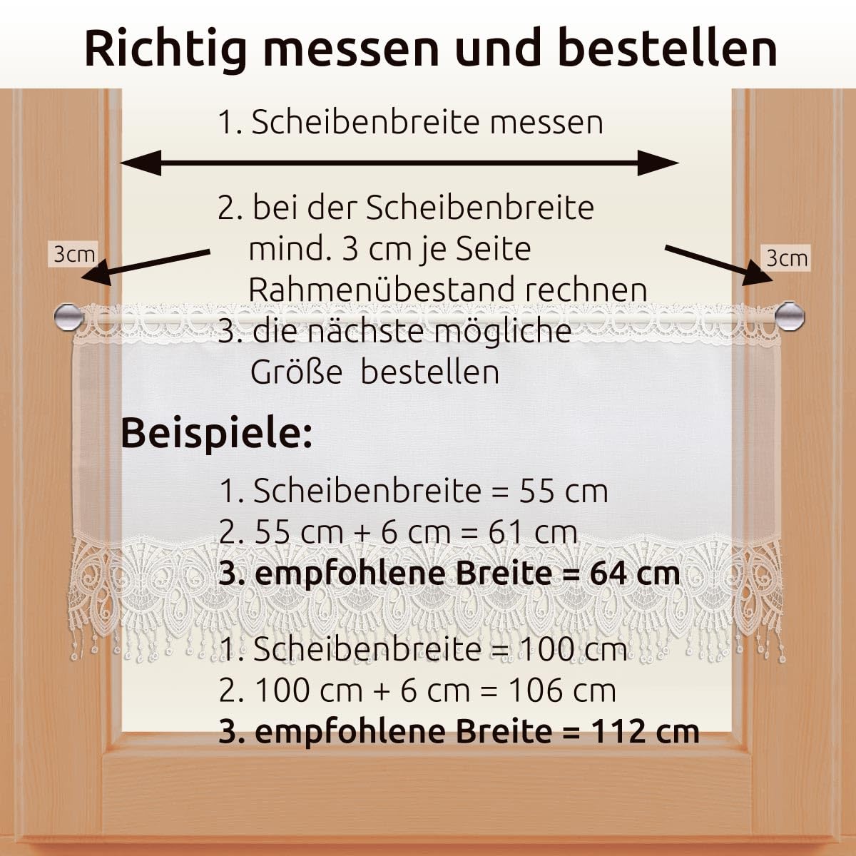 Scheibengardine Nala mit Perlenschnur-Fransen Scheibenhänger aus Vogtländischer Spitze weiß | Kurzstore mit modernem geometrischen Muster | Kurzgardine klassisch-zeitlos | Höhe x Breite 80 x 112 cm