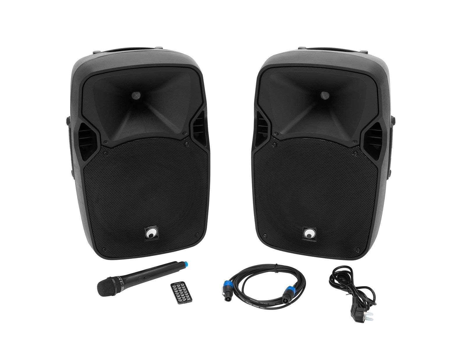 OMNITRONIC Set XFM-212AP Aktives Lautsprecherset mit MP3-Audioplayer, Bluetooth, SD, USB + Funkmikrofon, 150 W RMS | Bestehend aus einer Aktivbox, einer Passivbox und 2 Boxenhochständern