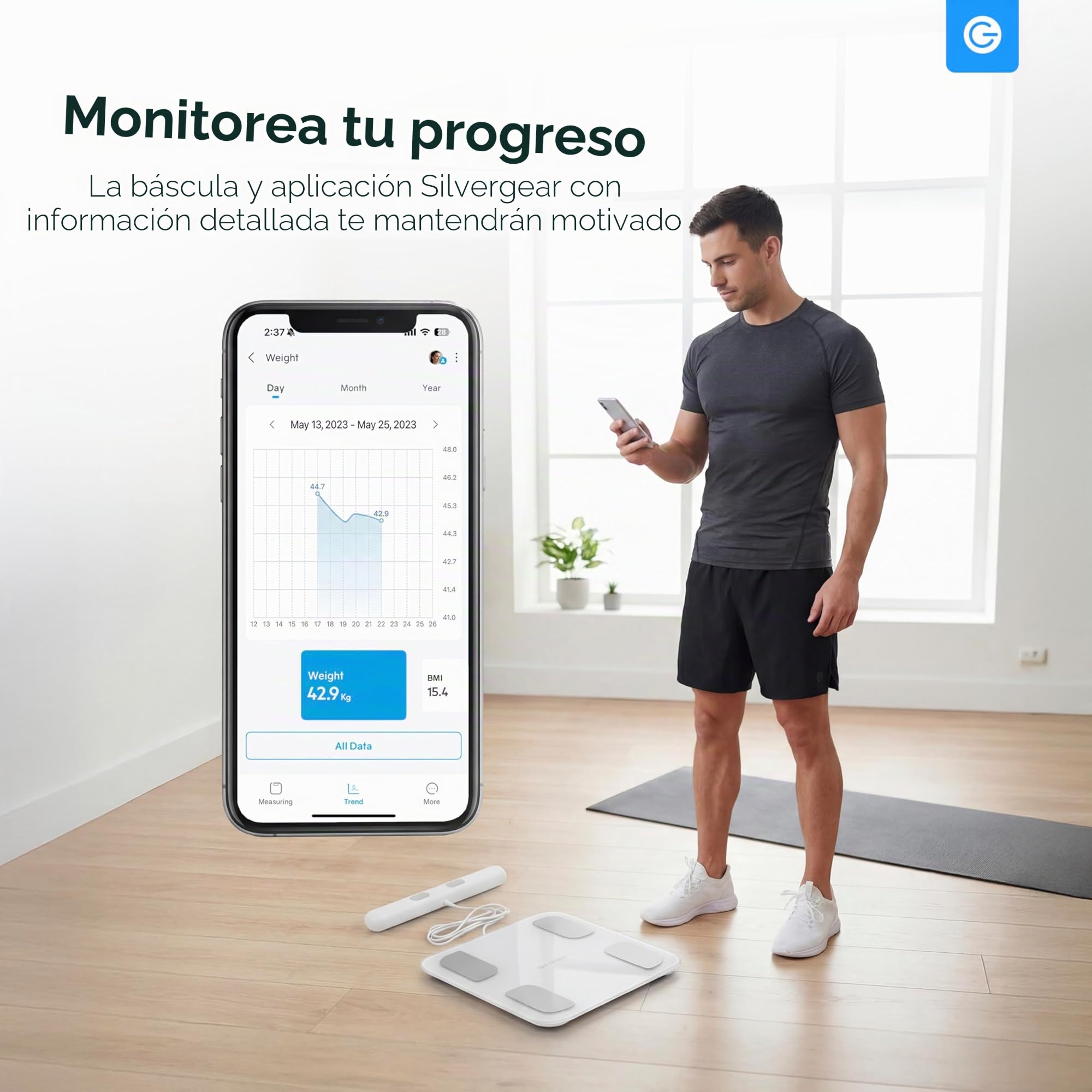 Silvergear® Báscula de Baño Intelligente con Mango | Bascula Grasa Corporal y Muscular | 8 Sensores | Masa Muscular, IMC, Peso Óseo, BMR, Frecuencia Cardíaca | con App | Blanco