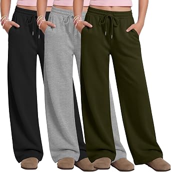 Oakgarden 3 Pack Girls Pants Wide Leg Sweatpants | Baggy Casual Pants, Teen Girls Athletic Joggers, Loose, Go to School, 5-14 Years, Yoga, Drawstring, with Pockets, Lightweight
