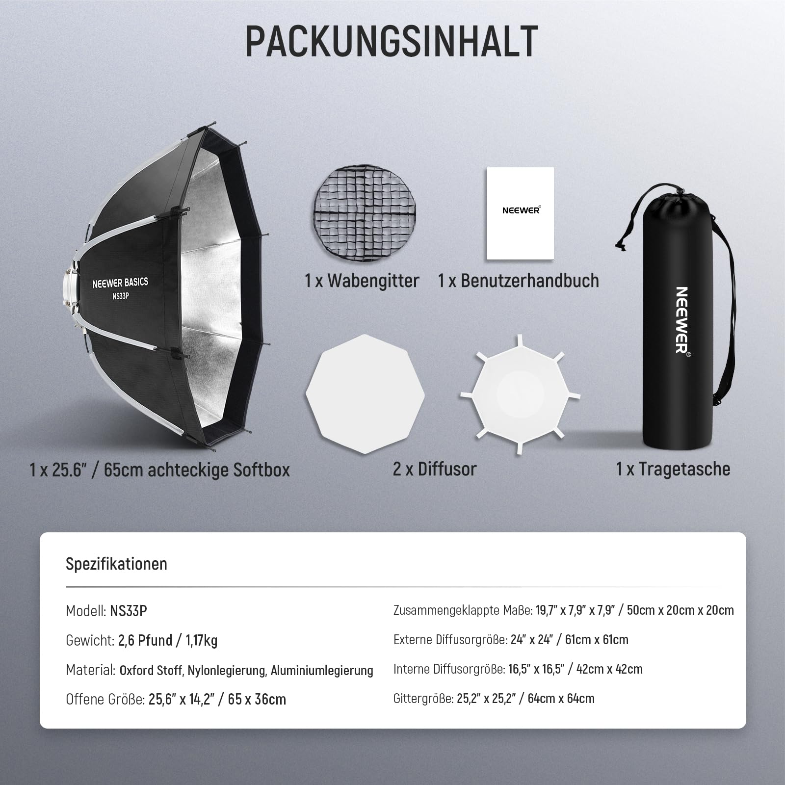 NEEWER Basics Achteckige Softbox Set für Studio Videoaufzeichnung Streaming, 25.6"/65cm Schnellspanner Bowens Mount Soft Box/Grid/Licht Diffusoren für Dauerlicht & Strobe Blitz, NS33P