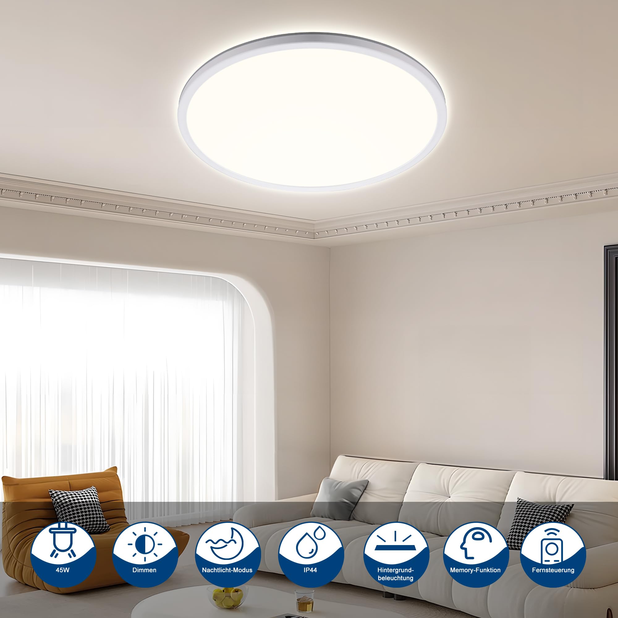 ONDTA LED Deckenleuchte Dimmbar 45W, 2700K-6500K 6700LM Deckenlampe Wohnzimmer, IP44 Küchenlampe Badezimmer Lampe Deck, Ultra Dünn LED Panel für Küchen Schlafzimmer, Weiß Rund Ø57 CM