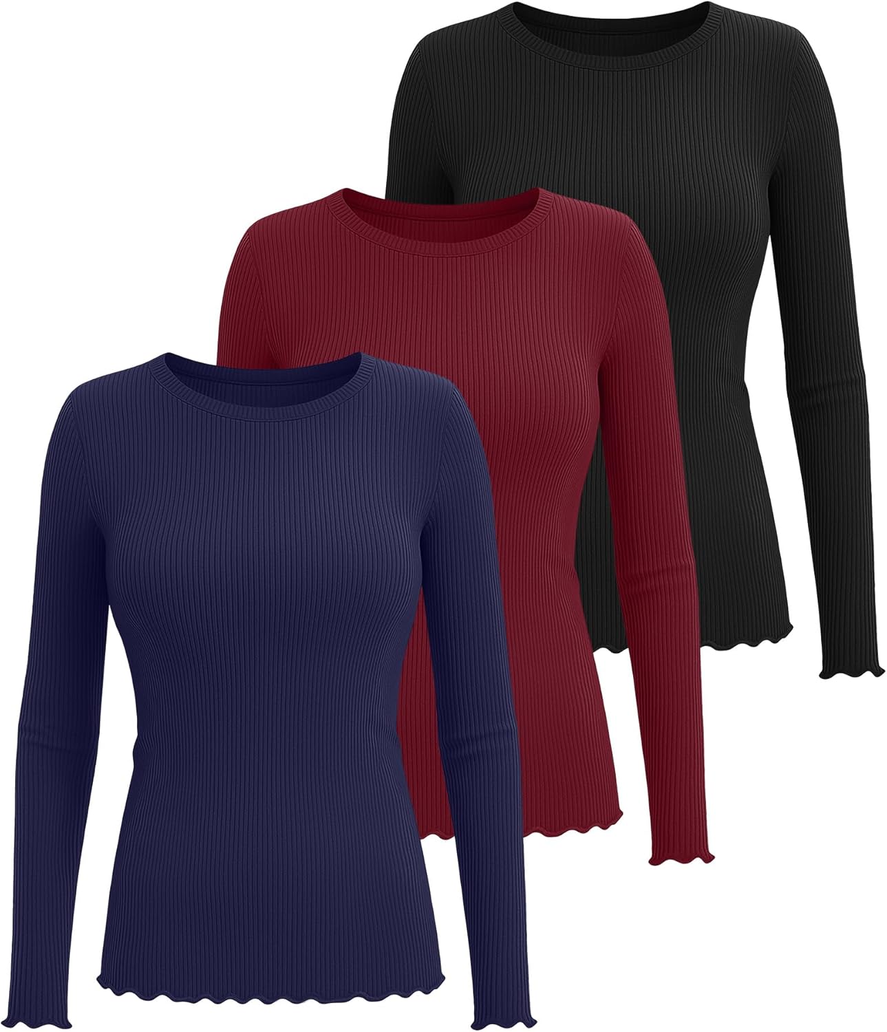 3 Pack Women's Long Sleeve Shirts Ribbed Cotton Slim Fit Crew Neck Tops Layering Lettuce Trim Basic Tee Winter - Image 2