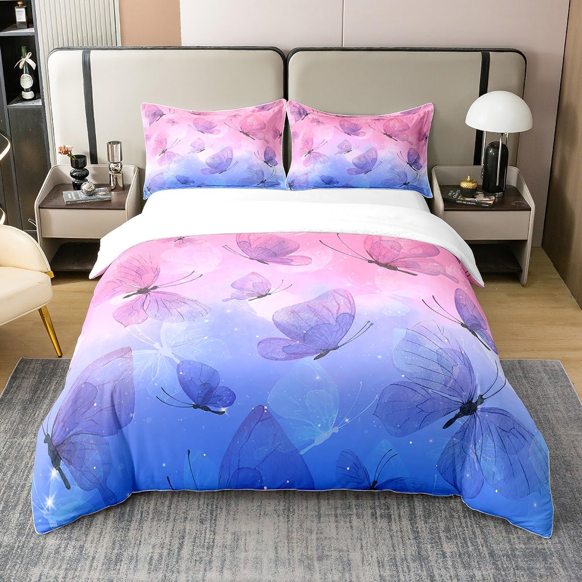 Set di biancheria da letto per bambine con copripiumino e 2 federe, 100% cotone, con stampa di farfalle, colore blu e viola