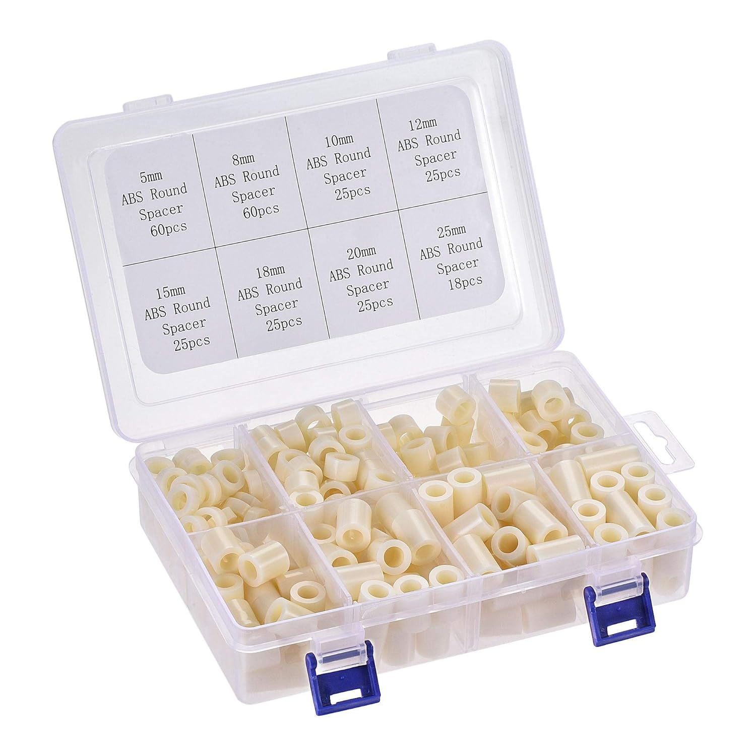 uxcell ABS Round Spacer Assortment Kit ID 8.2mm OD 14mm for M8 Screws, 8 Sizes Plastic Standoff (5mm 8mm 10mm 12mm 15mm 18mm 20mm 25mm), 263pcs