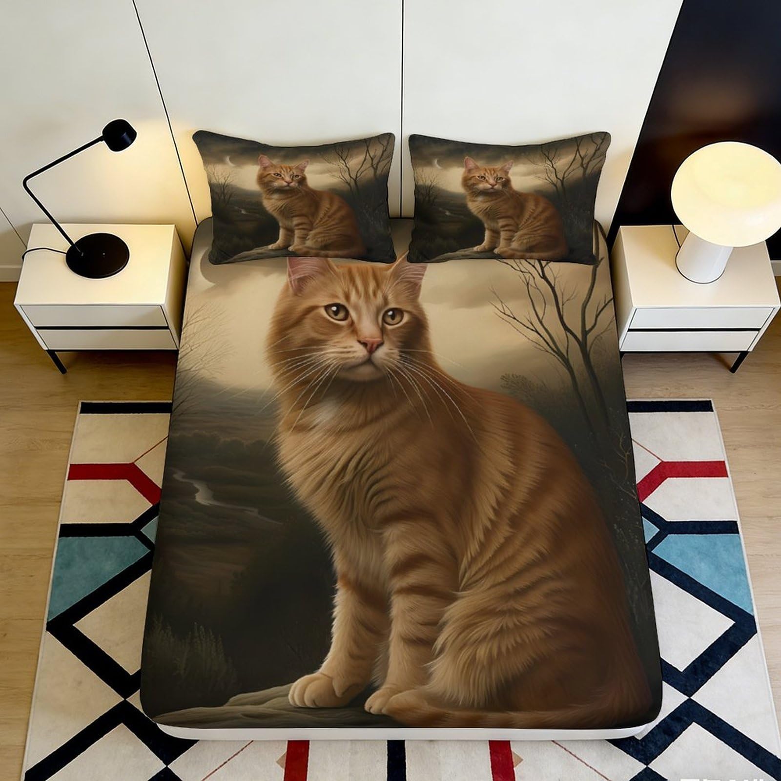 3D Printed orange tabby Fitted Sheet, Microfiber soft touch, wrinkle resistant, decorative apartment bedding, anti-slip, machine washable, home, guest room use 90x200x25cm