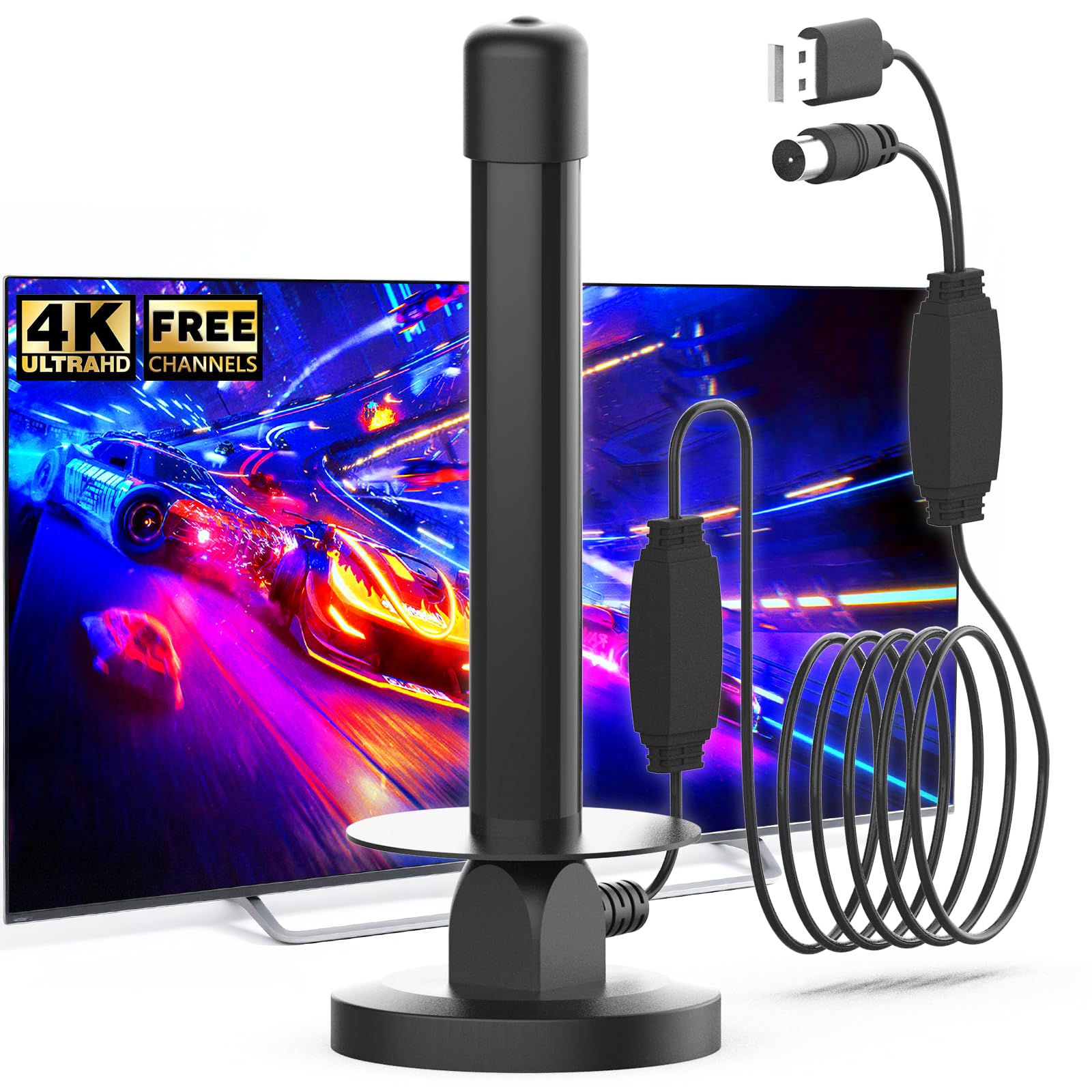 Indoor TV Aerial with Magnetic Base and Signal Amplifier Digital TV Aerial Indoor for Smart TV Compatible with All Televisions Supports 4K 1080P Compact 7.6 x 19.7cm Design 5m Coaxial Cable