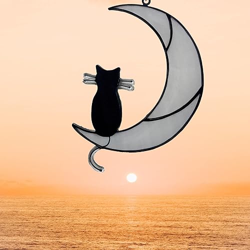 Miniatura 1 de Atrapasoles de gato con barba negra para decoración de jardín para amantes de los gatos, vitrales colgantes para gato en luna negra, adorno de gato