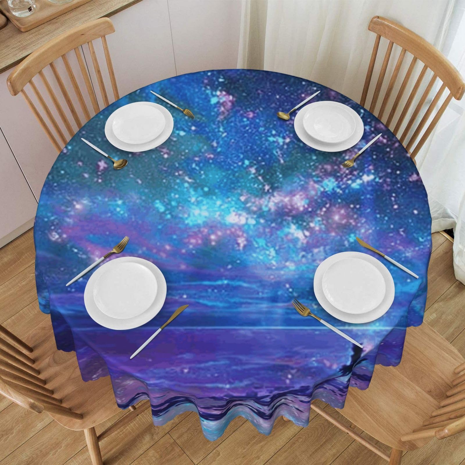 DCEHGEW 60 In Round Tablecloth with Lace, Northern Lights Printed Oilproof & Washable Fabric Picnic Table Cloth Table Covers
