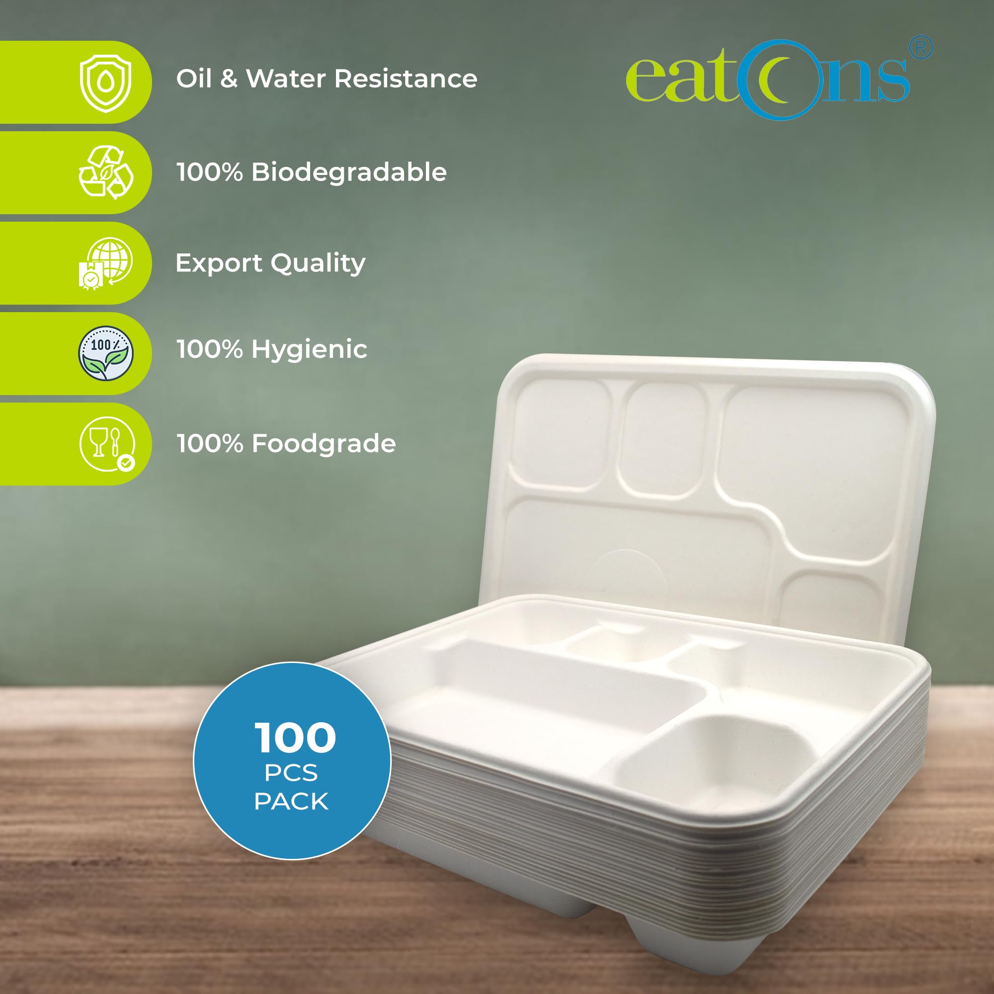 EATONS 5-Compartment Bagasse Disposable Plates with Lid | Eco-Friendly Biodegradable Sugarcane Paper Plates | Thali | Serve Dinner | Birthday Party, Wedding, Bhojanam | Rectangular | White (100 Pack) 3