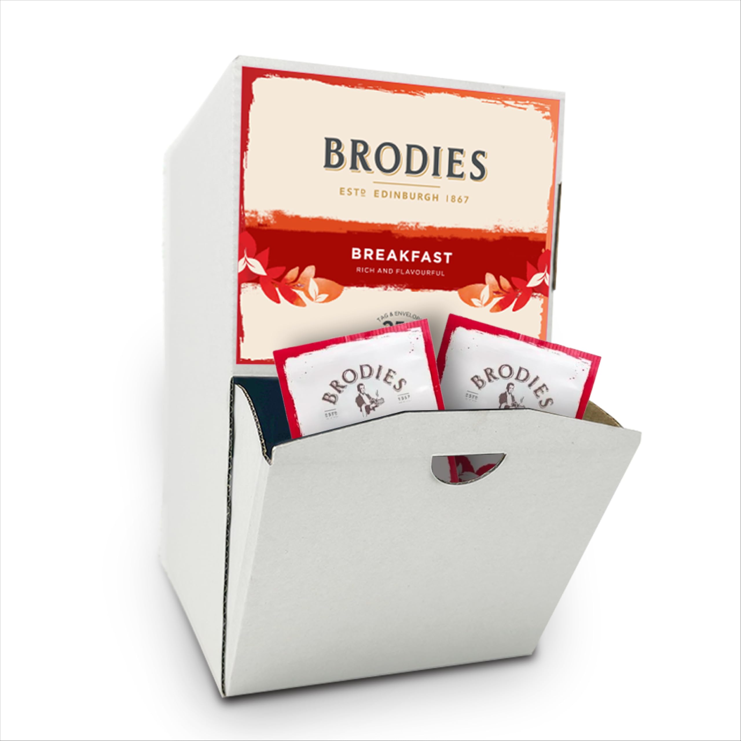 Brodies Breakfast Tag and Envelope - 1 Dispenser box of 250 tea bags - Rich and flavourful Scottish Tea with a bright and brisk malty flavour - Ideal for Breakfast