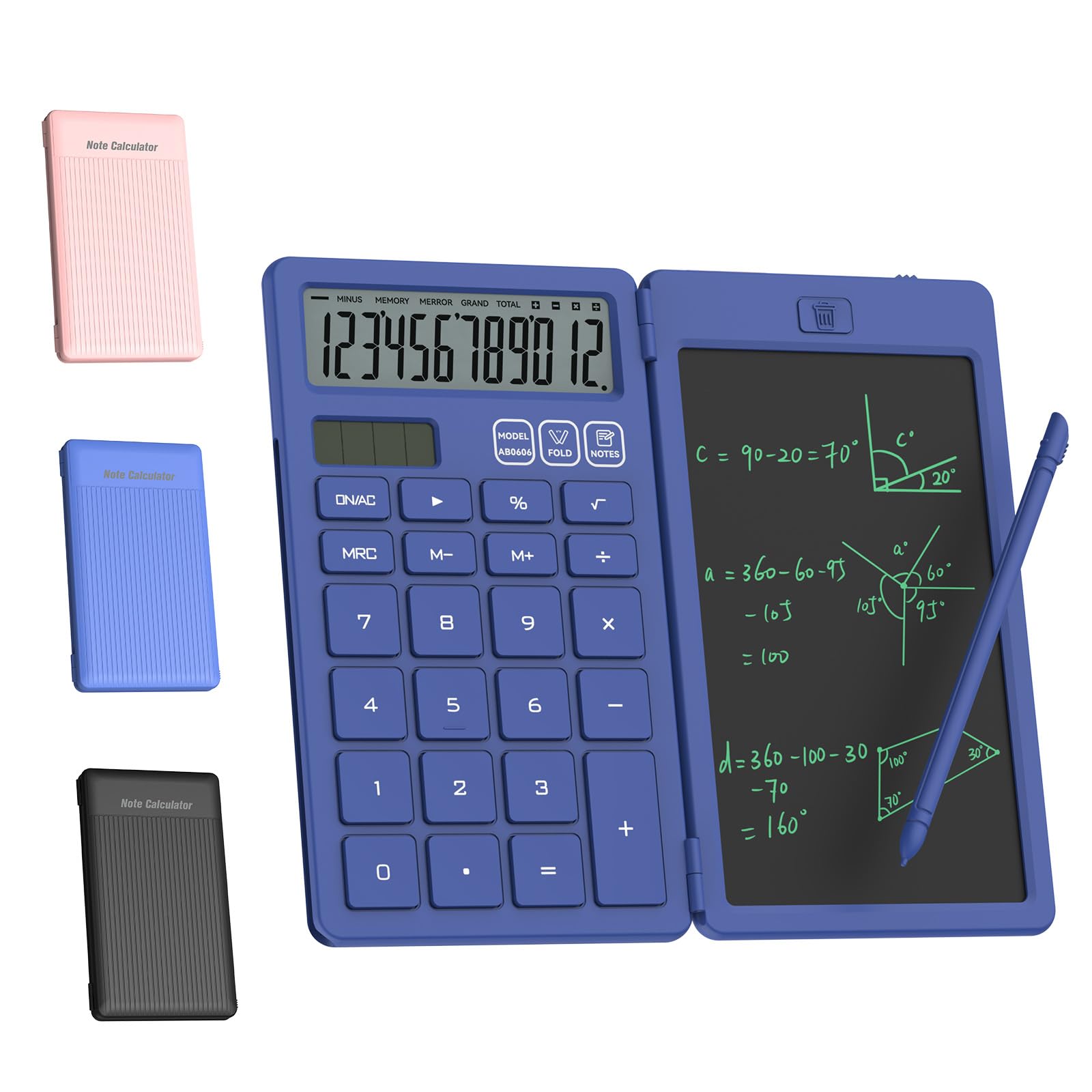 NEWYES Calculator with Writing Tablet, LCD Writing Pad and Stylus Pen, Solar & Battery Powered Calculator for Office School Students, Blue