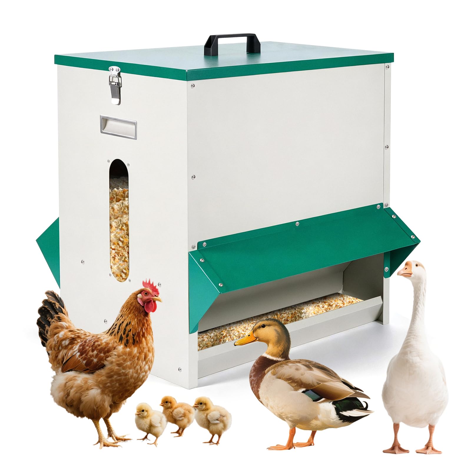 Alimentador automático de aves de corral de metal, 45 kg, con tapa y tapón, sin desperdicio, comedero para pollos, resistente a la intemperie, para exteriores, para pollos, patos, aves de