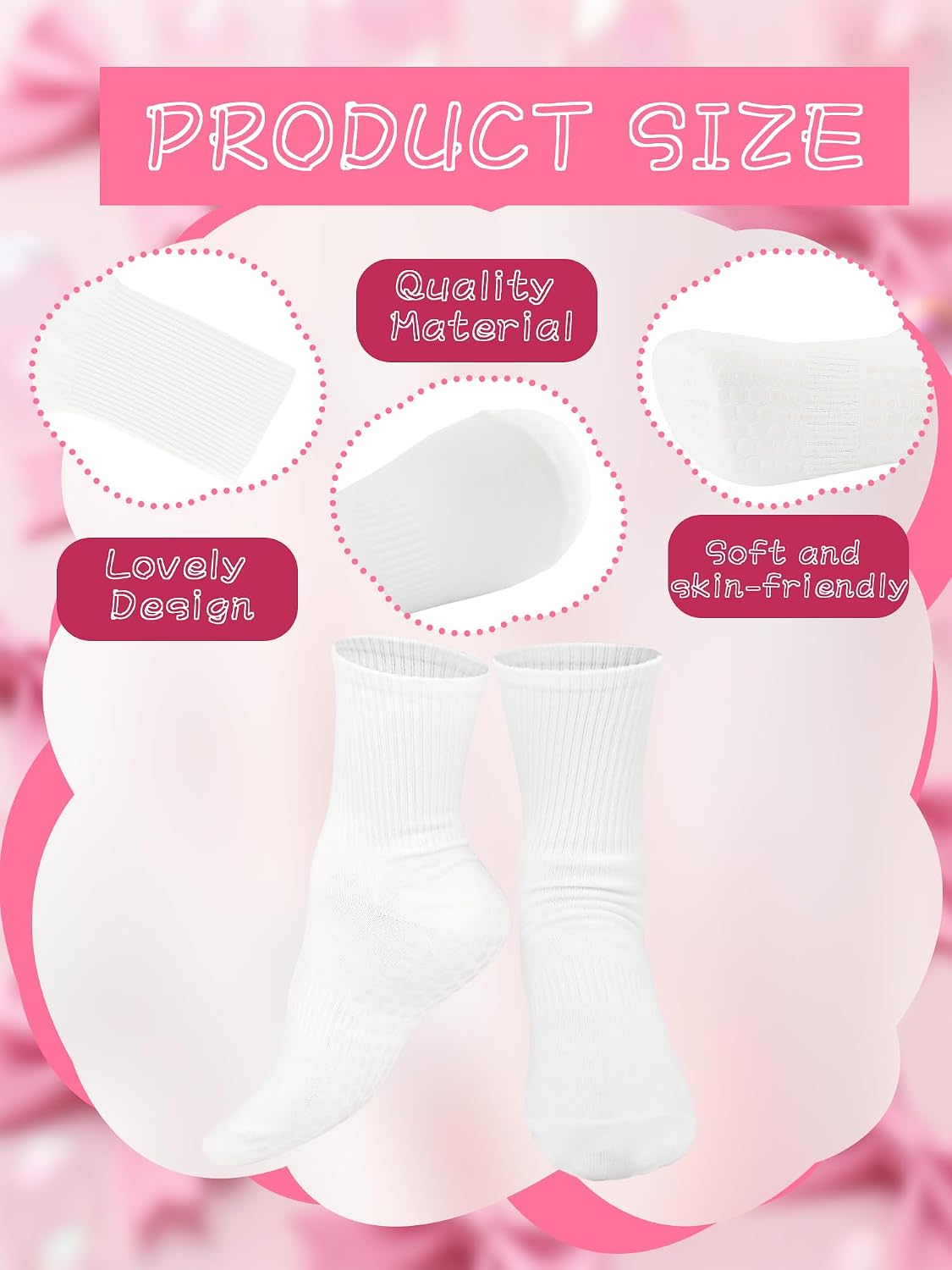 6 Pairs Pilates Socks with Grips Non Slip Athletic Grippy White Crew Socks for Woman Dance Yoga Gym Ballet Workout