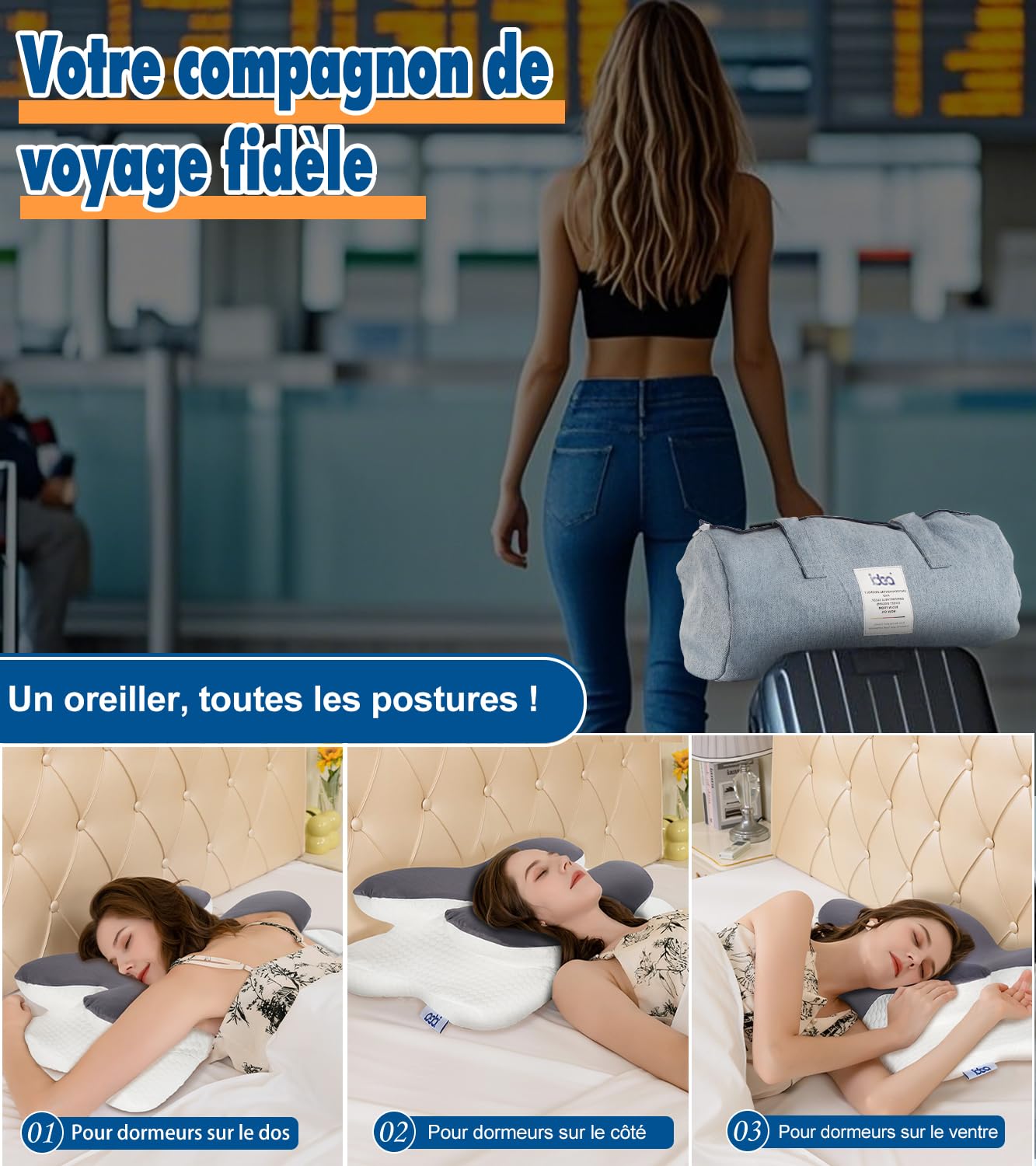 IDEA Oreiller Ergonomique Cervical, Oreiller Orthopédique à Memoire de Forme pour la Nuque, Oreiller Cervical pour Dormeurs sur Le Côté,Le Dos,Le Ventre, 60 x 40 x 9/11 cm