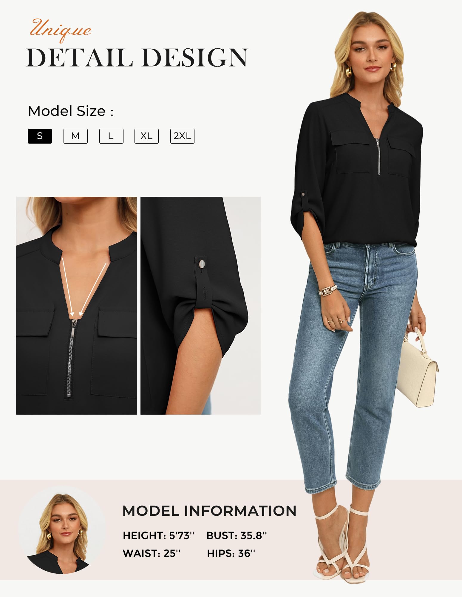 GRACE KARIN Camicetta estiva da donna con maniche a 3/4, scollo a V, vestibilità ampia, casual, con tasche, per lavoro e ufficio