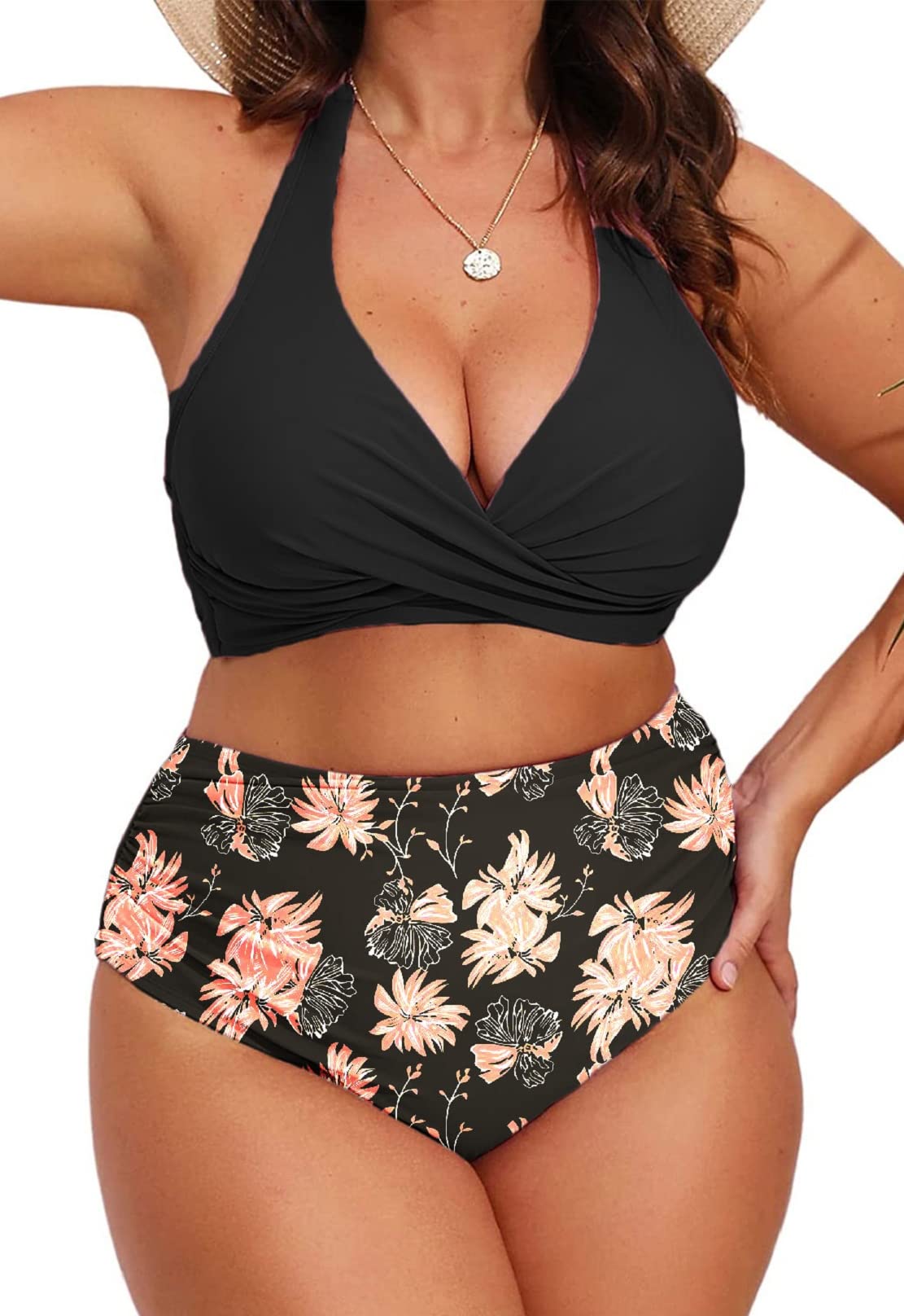 Yutdeng Mujer Bikini Talla Grande Braga Alta Bikini Push Up con Relleno Halter Cuello V Vientre Plano Pliegues Bañadores Mujer Tallas Grandes Natacion Playa Trajes de Baño Dos Piezas