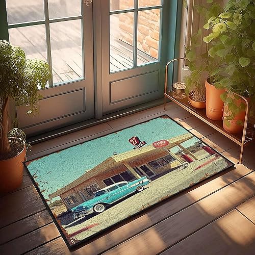 Door Mat Outdoor Entrance Funny Vintage Gas Station with Classic Car. Doormat Rustic Kitchen Rugs Retro Decor(50X80CM)