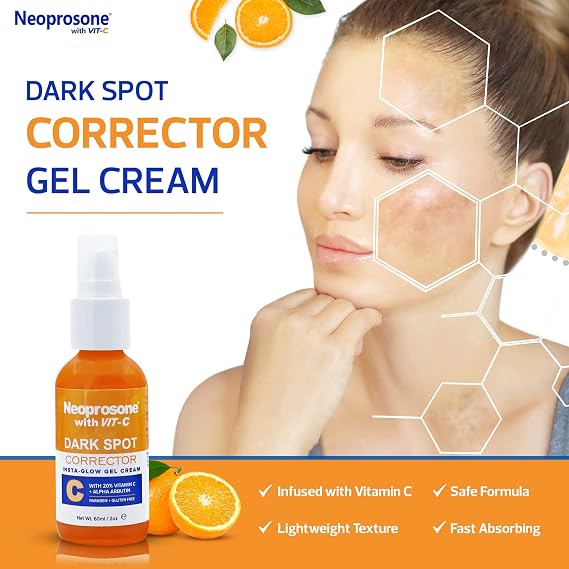 NEOPROSONE Vit C Dark Spot Corrector Gel Cream - 60 ml / 2 fl oz - Skin Brightening Gel to Remove Dark Spots and Restores Even Skin Tone - Anti Aging, Moisturizing Cream for Face, Elbows, Knees, Body