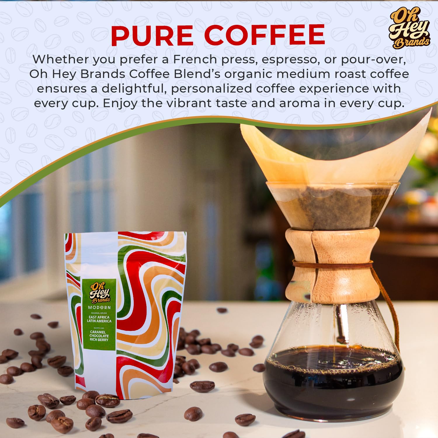 OH HEY BRANDS whole bean coffee medium roast 12oz with Caramel, Chocolate, and Berry Notes – Premium Arabica Beans Sourced from East Africa & Latin America – Modern