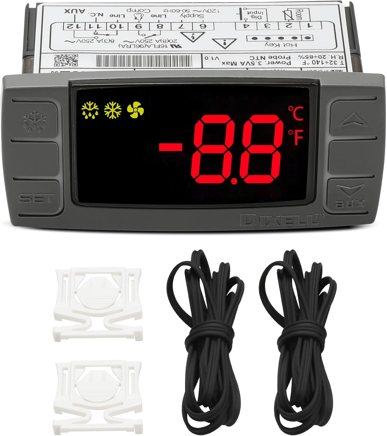 W0302186 Controller Replace for Dixell XR03CX-4N0F1 Temperature Controller, Fit for 120V Commercial Refrigerators/Freezer, with Temperature Sensor Probes & Clasp