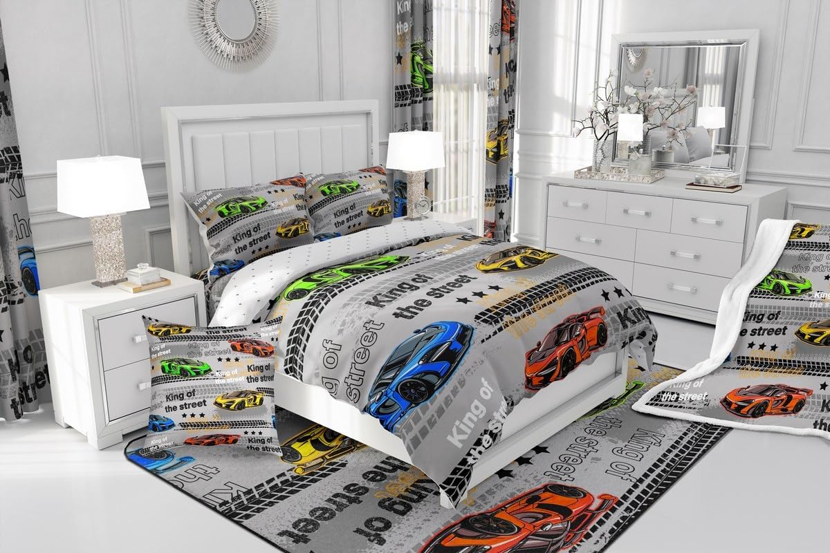 Feelyou Race Car Comforter Set Full Size Kids Speed Sports Car Bedding Set for Boys Girls Teens Racing Car Comforter Breathable Extreme Sports Duvet Set Wheel Print Quilt Set