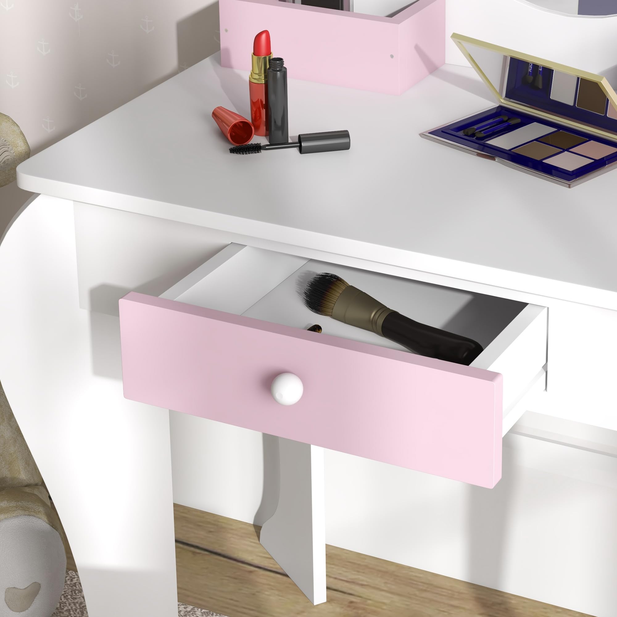 ZONEKIZ Tocador Infantil con Taburete y Espejo, Tocador para Niñas con Cajón, Compartimentos, Diseño de Unicornio, Mesa de Maquillaje para Niños y Niñas de 3-6 Años, Blanco