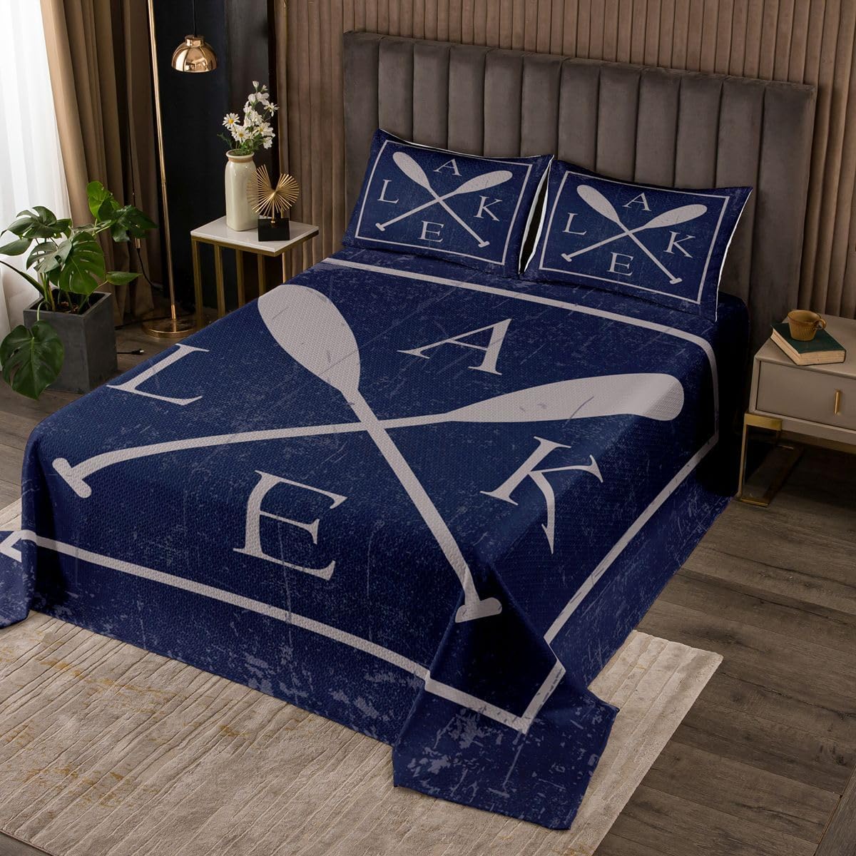 jejeloiu Lake House Bedspread Twin Size Lake Time Coverlet Set 3D Wood Print Quilted Coverlet for All Season with 1 Pillowcase Blue Grey Bed Cover