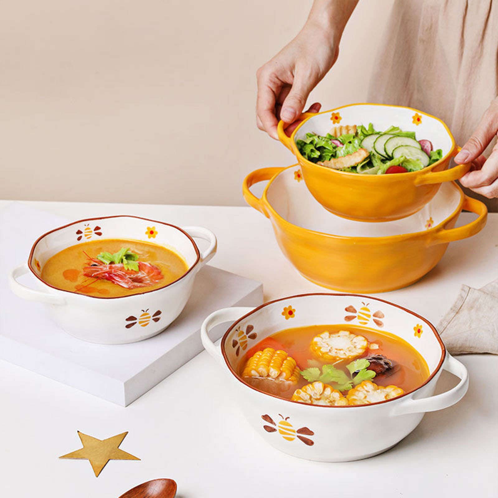 Vaisselle Bol à soupe ramen en céramique, tasse à soupe, bol en céramique, bol à ramen en céramique, grand bol à nouilles Udon, bol à soupe micro-ondes four Safe-bee -20x15x6.5cm,600ml(Color:Bee)
