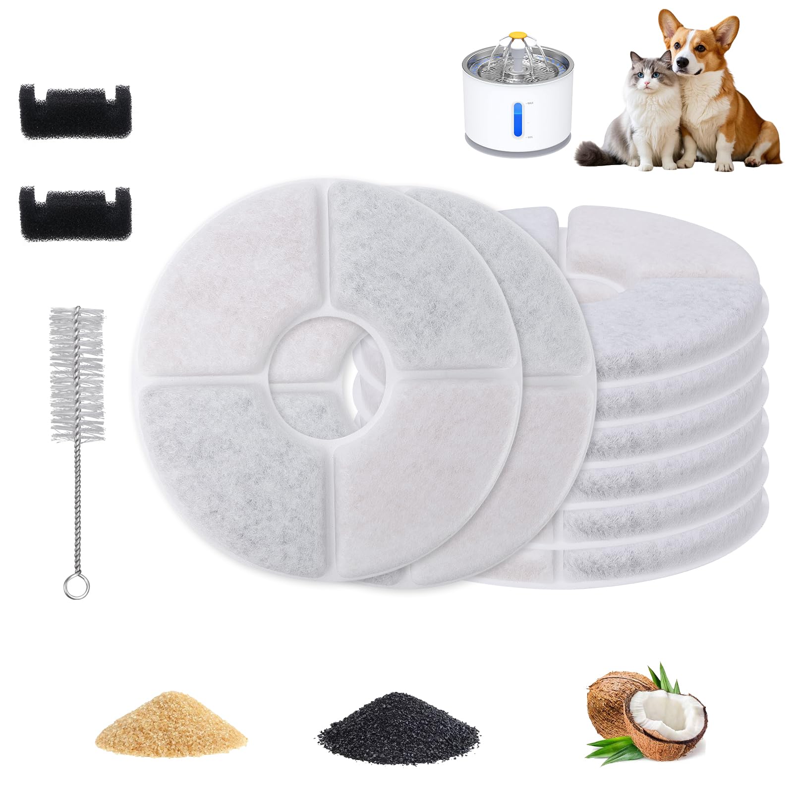 SAIERTE Cat Water Fountain Filters Compatible with Parner 2.4L Pet Water Dispenser, 8 Pack Replacement Filter Cartridges with 1 Cleaning Brush & 2 Pump Protection Sponges for Cats and Dogs