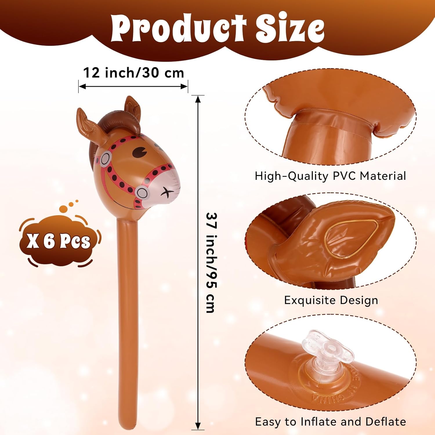 6 Pcs Inflatable Horse Head Balloons, 37 Inch Brown Inflatable Horse Stick Balloons, Pony Stick Blow up Balloon for Western Cowboy, Baby Shower, Birthday Party Decorations (Brown-6 Pcs) - Image 2