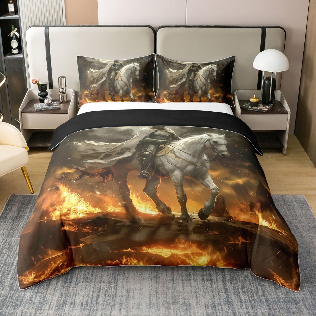 Homewish Knight - Juego de ropa de cama tamaño Super King con 2 fundas de almohada, funda de edredón de algodón de caballo medieval, funda de edredón vintage metálica, juego de cama moderno y estético
