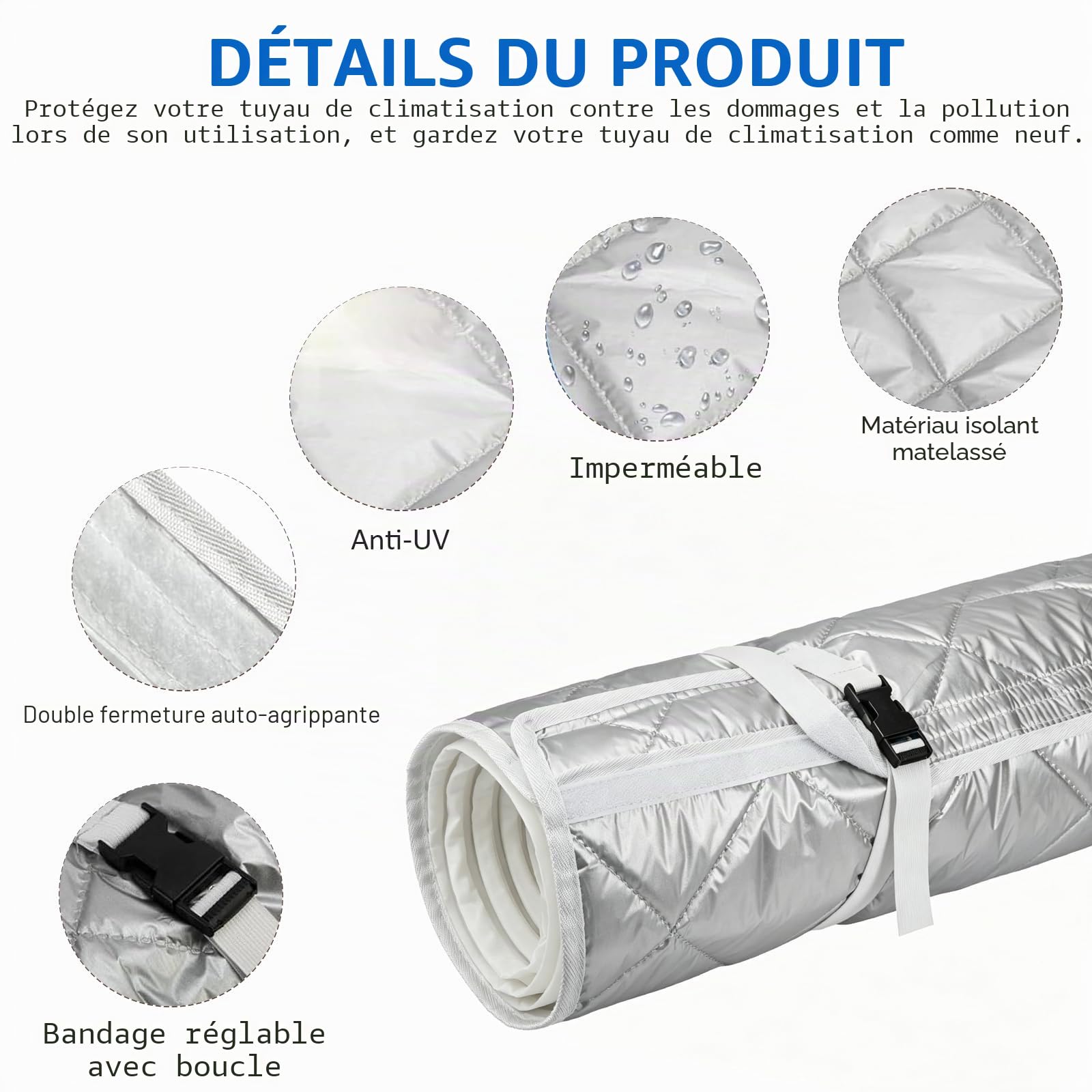 2 pièces de 150x58 cm de gaine d’évacuation d’air climatisé isolée pour tuyaux d’évacuation de Ø15 cm, housse matelassée pour tuyau de climatisation pour climatiseurs mobiles avec fermeture velcro et