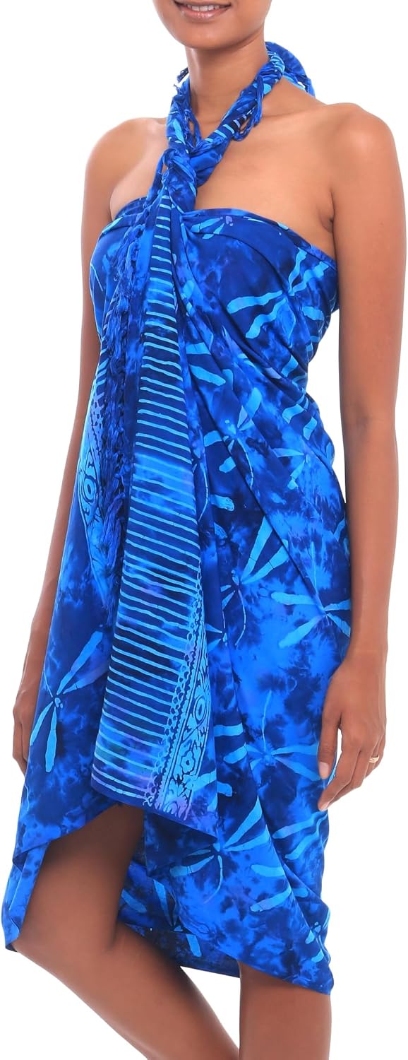 NOVICA Artisan Handmade Batik Rayon Sarong in Blue from Bali Clothing Printed Indonesia Animal Themed Dragonflybug Butterflybug ' Dragonfly River'