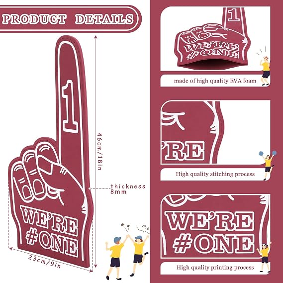Sotiff 3 Pcs Giant Foam Finger 18 Inch We're Number 1 Foam Hand Cheerleading Pom Pom Cheer Supplies for Football Basketball Soccer Sports Events Team Spirit Games School Business