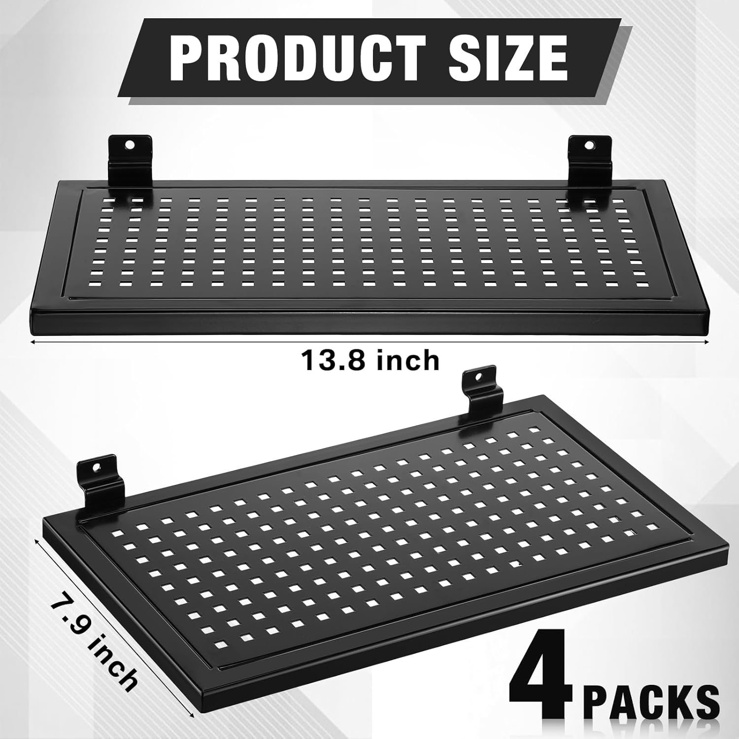 Coume 4 Pack Slatwall Shelves 13.8'' x 7.9'' Metal Perforated Slatwall Accessories Black Heavy Duty Wall Mounted Floating Display Shelves Panel for Retail Garage Home Workshop Stores Boutiques Storage