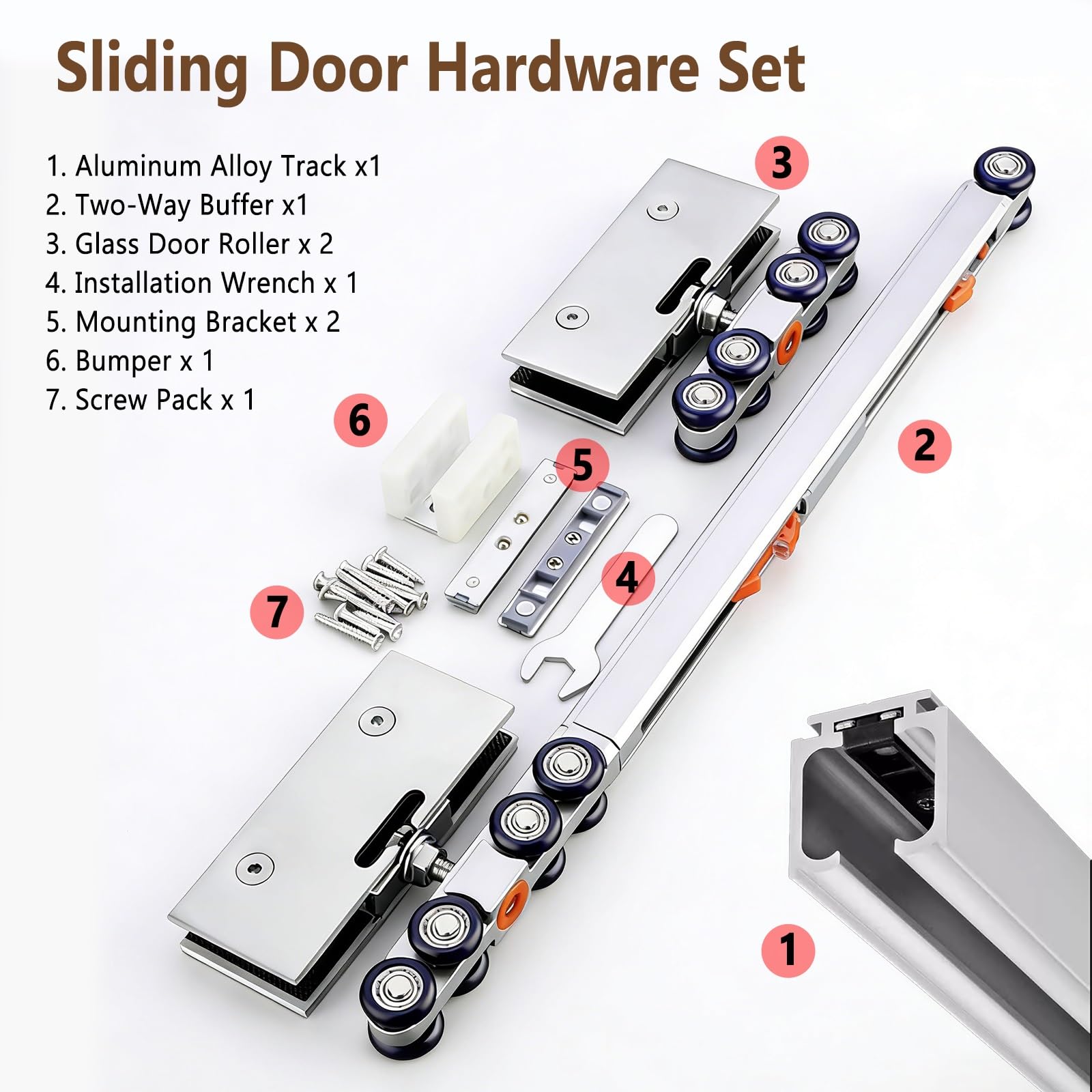 Kit de herrajes para puerta corrediza de vidrio, rieles resistentes con cierre suave, juego de rieles de rodillo liso para patio y divisor de habitaciones