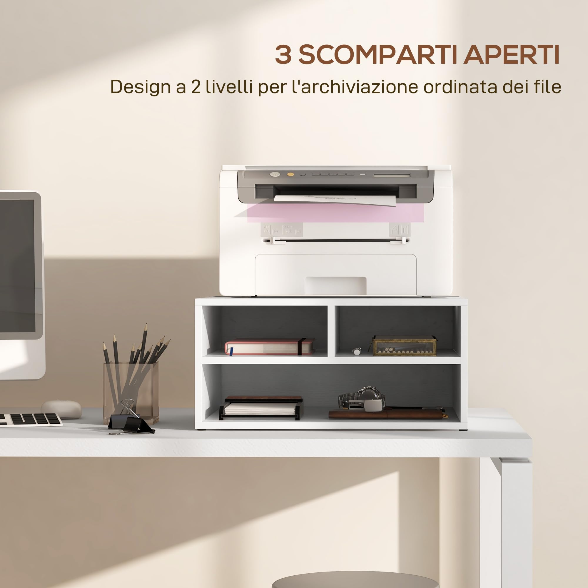 HOMCOM Mobile Porta Stampante con 3 Scomparti Aperti, Mobile Stampante per Documenti da Ufficio e Studio Compatto a 2 Livelli, 47x40x22.5 cm, Bianco