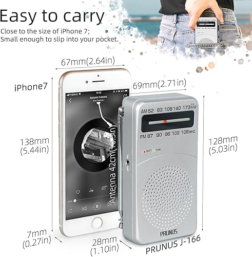Miniatura 5 de PRUNUS J-166 Radio portátil AM FM, radio a pilas con luz de sintonización, clip trasero, excelente recepción para radio de emergencia y interior y