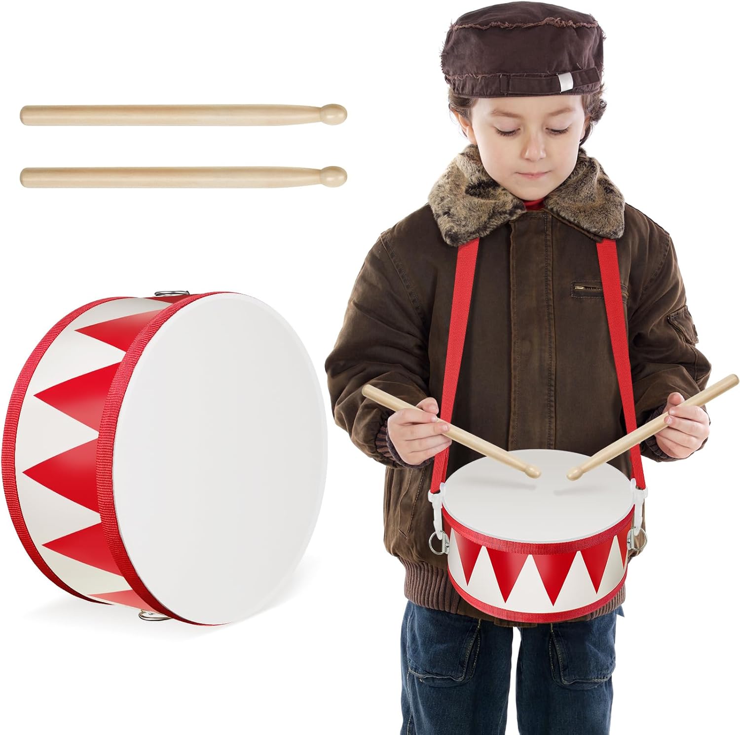 Kids Drum Set 7.87 in Wooden Toy Drum with Adjustable Strap