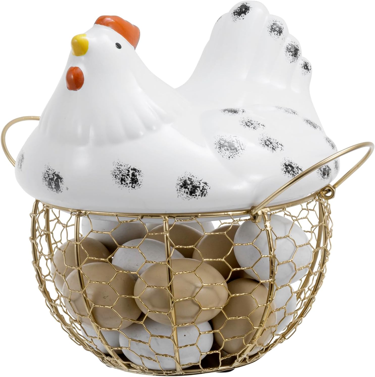 MyGift Rustic Farmhouse Large Capacity Fresh Egg Gathering Container, Gold Tone Metal Mesh Wire Storage Basket with Handles and White Ceramic Chicken Shaped Top Lid - Holds up to 30 Eggs