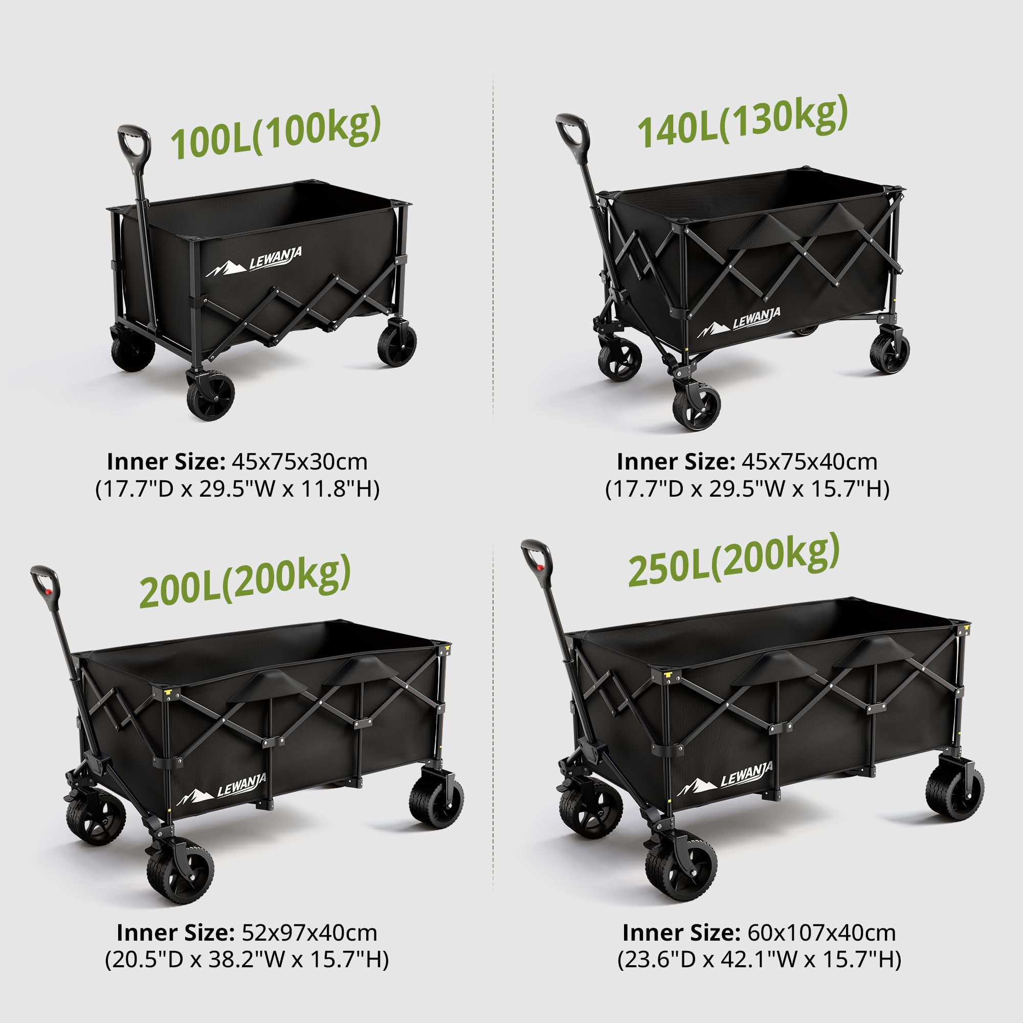 LEWANJA Chariot Pliant 250L, Chariot de Jardin Robuste avec Roues Larges et Freins, Poignée Réglable, Capacité 200 kg, Portable pour Camping, Plage et Courses