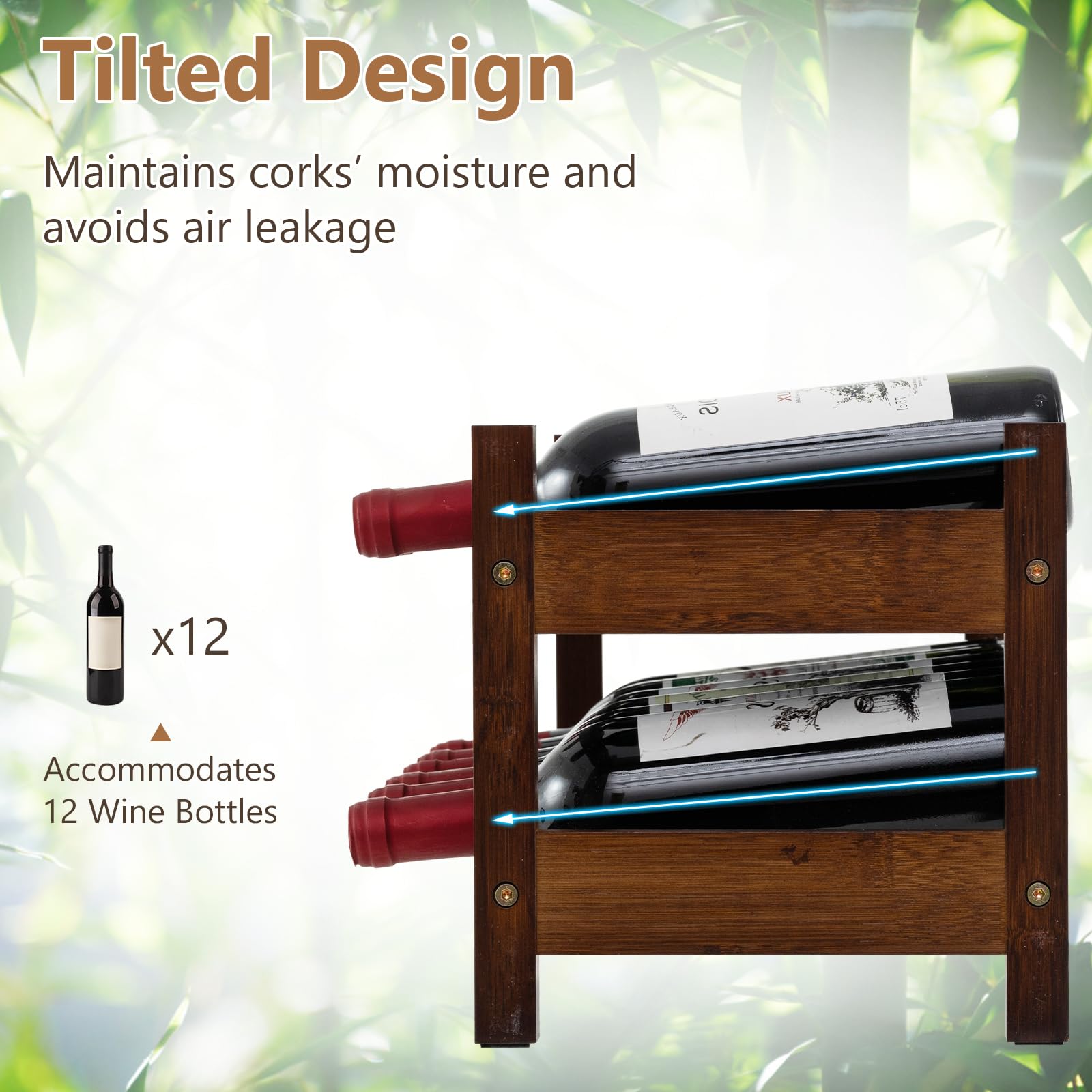 KOMFOTTEU Botellero de Bambú para hasta 12 Botellas, Estantería de Vino de Mesa con 2 Niveles, Sostenedor de Botella para Encimera, Despensa, Cocina, 62 x 24 x 25 cm