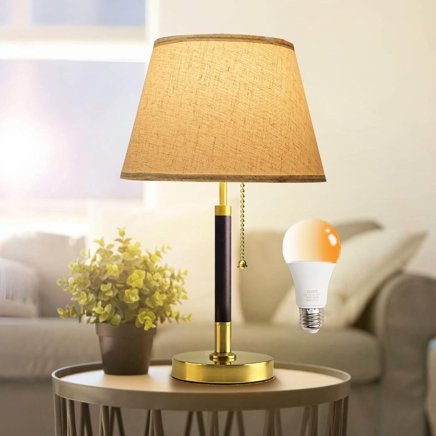 QUIGO Bedside Table Lamp for Bedroom Living Room,3 Color Temperature,Bedside Lamps for Nightstand with Linen Lampshade,Solid Wood & Brass,Modern End Table Lamp,Led Side Table Desk Lamp Vintage BW03T