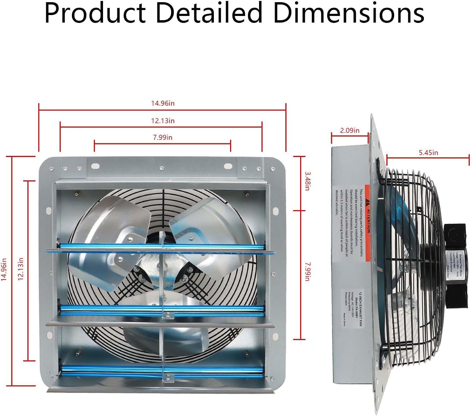 12 Inch Shutter Exhaust Fan, Exhaust Fan Wall Mounted with Speed Controller, Suitable for Factories, Basements, Warehouses, Chicken Coops, Car Parks