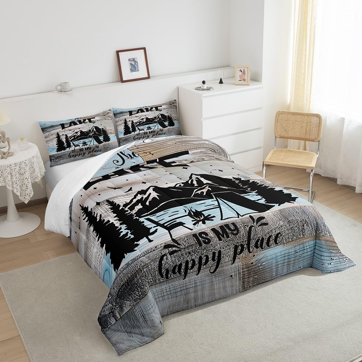 Lake House Decor Comforter Set, Camping House Bedding Sets King, Rustic Farmhouse Lodge Duvet Insert Gifts For Lake House, Country Retro Wooden Quilted Duvet Cabin Room Decor With 2 Pillow Cases