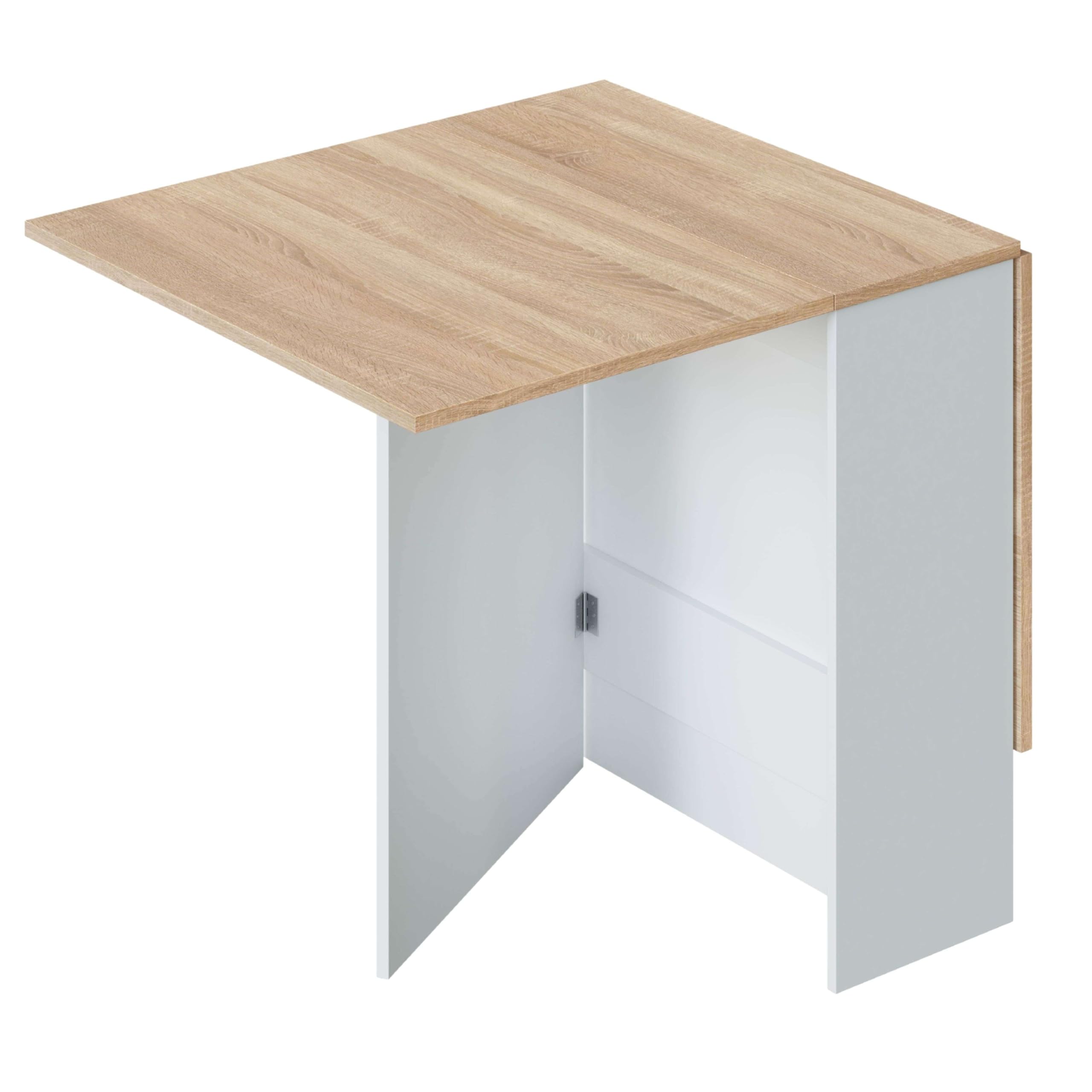 Habitdesign Mesa Auxiliar con Alas Abatibles, Mesa Cocina, Color Blanco Artik y Roble Canadian, Medidas: 77 cm (Largo) x 31-140 cm (Ancho) x 79 cm (Alto), Modelo Fly