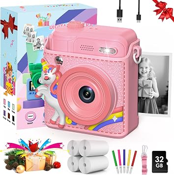 Gofunly Kids Camera Instant Print 6 Layers of Protection Kids Camera, Prints in 1 Second, 5 Rolls of Printing Paper Print 400 Photos with 32Gb Card, Creative Birthday Gifts for Age 4-10 Girls Boys
